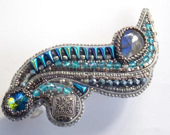 Twilight barrette ,swarovski  hairpin ,Bead embroidery, Seed bead hair jewelry, hair clip, elegant colors, foggy, cold colors, Labradorite