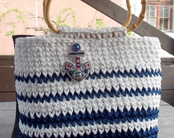 Crochet bag, Handmade,Unique Design Crochet bag, Sailor style, Blue-white, Beach bag,Bag brooch