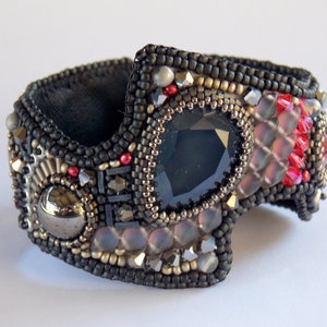 Ash  cuff , Bead Embroidery Bracelet, Statement, Beadwork, Seed bead bracelet,  Swarovski , Porcelain jasper,