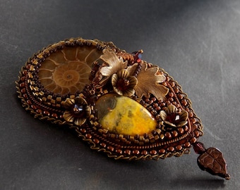 Gemstone brooch, Jasper jewelry, autumn style, Fossilia cabochon, unique design,