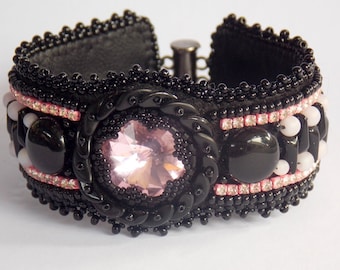 Pink lady bracelet , cuff,  Bead Embroidery, Trending jewelry , modern style, baby pink-black bracelet , everyday jewelry