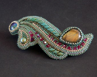 Labradorite  barrette ,swarovski  hairpin ,Bead embroidery, Seed bead hair jewelry, hair clip, elegant colors, modern colors