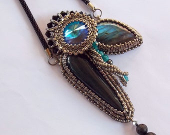 Steel blue necklace ,Bead Embroidery, Gemstone pendant , Necklace, Statement jewelry ,Labradorite, apatite ,Hawkeye