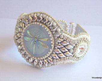 Dragonfly bracelet, Blue bracelet , Bead Embroidery, Trending cuff , Seed bead bracelet, Czech glass button , Swarovski cuff