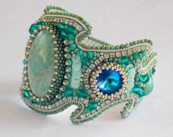 Surf bracelet , cuff, Summer bracelet, Sea colors, Bead Embroidery, Trending jewelry , modern style, amazonite gemstone bracelet,