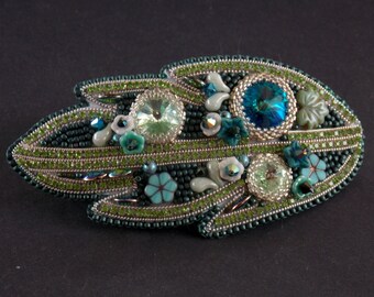 Spring leaf barrette, Fresh colors, sparkling crystals, floral jewelry, Seed bead hair jewelry, hair clip,