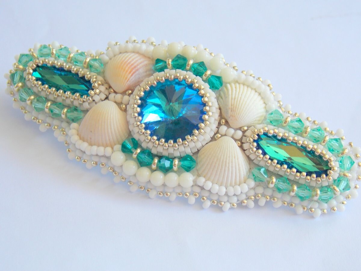 Shell Barrettes Sea Shell Barrette , Modern Jewelry, Hair Pin, Bead Embroidery, - Etsy