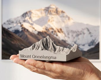 Mount Everest Concrete Desktop Model—3D Topographic Miniature of Qomolangma, Architect Gift, Wood Base, Custom Engraved Travel Keepsake