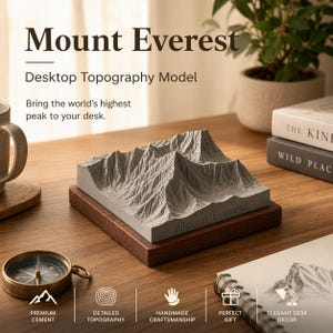Op de afbeelding: Een grijs Mount Everest desktop topografie model op een houten basis. Het model is gemaakt van premium cement en heeft gedetailleerde topografie. De tekst "Mount Everest" is zichtbaar. Het model staat op een bureau met een kompas en boeken.