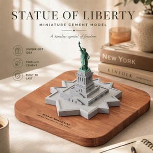May include: A miniature cement model of the Statue of Liberty, with a green statue atop a gray base, set on a wooden board. The text reads "Statue of Liberty" and "A timeless symbol of freedom."
