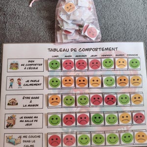 Peut inclure: Un tableau de comportement intitulé TABLEAU DE COMPORTEMENT avec cinq lignes de tâches et sept colonnes pour les jours de la semaine. Il comprend un sac en organza rose rempli de jetons carrés avec des émojis verts, jaunes et rouges.