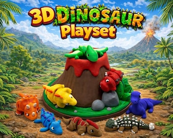 May include: A colorful 3D Dinosaur Playset with a volcano and various dinosaur figures. The volcano is brown and red, with green dinosaurs on top. Other dinosaurs are orange, yellow, blue, and green. The background features a lush landscape with palm trees and a volcano.