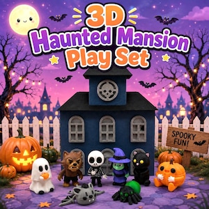 May include: A 3D Haunted Mansion play set featuring a dark blue house structure with a skull emblem, surrounded by miniature figures including a ghost, werewolf, skeleton, witch, black cat, spider, and pumpkin character, plus two orange pumpkins.