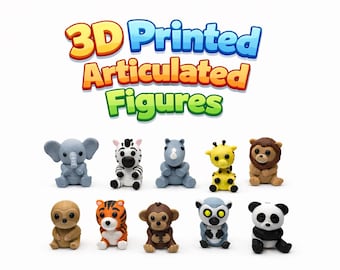 May include: A collection of 3D-printed articulated animal figures, including an elephant, zebra, rhino, giraffe, lion, sloth, tiger, monkey, lemur, and panda. The figures are in various colors and sit on a white surface. The text "3D Printed Articulated Figures" is displayed above.