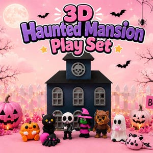 May include: A 3D Haunted Mansion Play Set featuring a dark blue house structure with a skull emblem, surrounded by various small character figurines including a skeleton, a ghost, a werewolf, and pumpkins against a pink background.