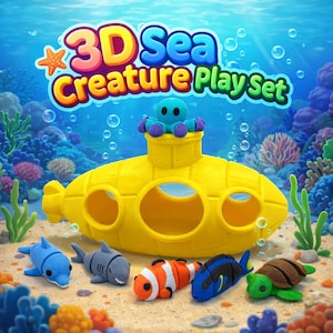 May include: A colorful 3D Sea Creature Play Set featuring a yellow submarine with a blue octopus on top. Includes a blue dolphin, gray shark, orange and white clownfish, blue tang, and a green sea turtle. The background depicts an underwater scene.