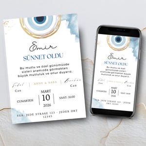 May include: A printed invitation and a smartphone displaying the same design. The invitation features text in Turkish, a blue and gold eye design, and event details including the date, time, and location.