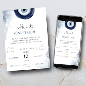 Peut inclure: Une carte d'invitation et un écran de smartphone affichant une invitation numérique. Les deux présentent un motif aquarelle avec des accents bleus et marine, un symbole d'œil et du texte turc. L'invitation est pour une cérémonie de circoncision.