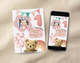 Leuke verjaardagskaart, uitnodiging voor een verjaardagsfeestje met een teddybeer, uitnodiging voor de eerste verjaardag van een meisje, verjaardagskaart met rozen, verjaardagsfeest
