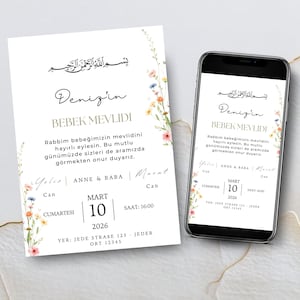 May include: An invitation card and a smartphone screen showing a similar design. The design features floral elements, calligraphy, and the text "Deniz'in BEBEK MEVLIDI" in black. The date is March 10, 2026.