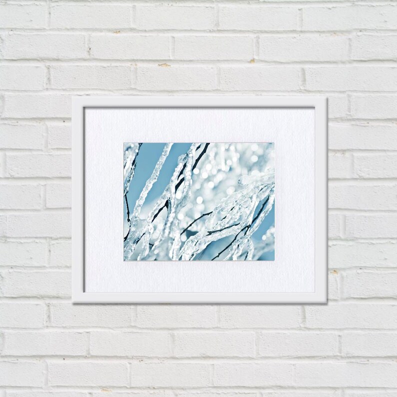 Winter Photography fine art 8x10 abstract photography bokeh icicle print nature photography snow teal art print blue pastel bedroom decor