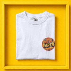 May include: A white short-sleeved t-shirt with a crew neckline. On the lower right side, there is a circular graphic featuring a sunburst pattern in orange, yellow, and blue, with the text NEW EARTH printed in bold, dark blue capital letters.