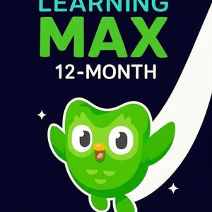 Puede incluir: Gráfico azul oscuro con las palabras "LANGUAGE LEARNING MAX" en turquesa y verde. Debajo, el texto "12-MONTH" está en blanco. Se presenta un personaje verde con forma de búho con ojos grandes y alas. Líneas curvas y estrellas blancas completan el diseño.
