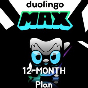 Può includere: Grafica per Duolingo MAX, con la mascotte del gufo Duolingo. La parola "MAX" è in grandi lettere turchesi con un contorno verde. Sotto il gufo, il testo recita "12-MONTH Plan" in bianco.