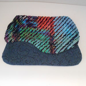 Small Quilted Evening Bag Clutch Purse Faux Chenille Flap Denim Print Body