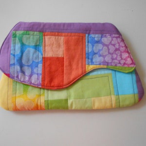 Small Quilted Handbag Clutch Purse Rainbow Hearts Cotton