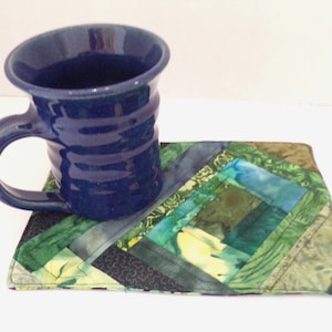Mug Rug Quilted Cottons Pieced Handmade Coffee Coaster Tiny Quilt Hot Pad Shades of Forest Greens Cup NOT Included