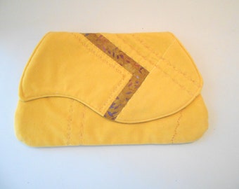 Golden Yellow Velvet Clutch Purse Evening Bag with Cotton Print Decorative Stitching