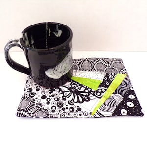 Mug Rug Quilted Cottons Pieced Handmade Coffee Coaster Tiny Quilt Black White Lime Green Cup NOT Included