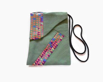 Green Denim and European Cotton Print Small Cross Body Handbag Purse