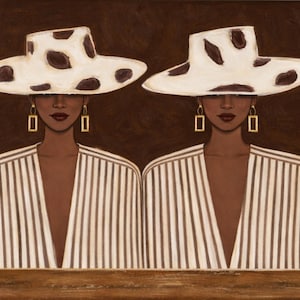 May include: An artistic painting featuring two figures wearing white hats with brown spots, striped shirts, and gold earrings. The background is a dark brown color with a star and two white cylindrical objects.