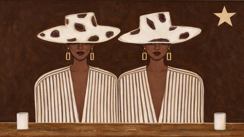 May include: An artistic painting featuring two figures wearing white hats with brown spots, striped shirts, and gold earrings. The background is a dark brown color with a star and two white cylindrical objects.