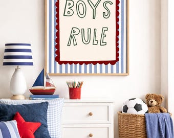 May include: A child's bedroom with a framed "BOYS RULE" sign, a white dresser, and a bed with blue bedding and pillows. A lamp, toy sailboat, and a basket with a soccer ball and teddy bear complete the decor. A baseball bat and ball are on the floor.