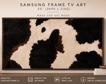 Könnte beinhalten: Digitale Grafik für einen 55-Zoll Samsung Frame TV mit einem Kuhfellmuster in Schwarz, Braun und Creme. Der Text lautet SAMSUNG FRAME TV ART 55 (3840 x 2160) MADE FOR ART MODE, MADE FOR SAMSUNG FRAME TV, 4K ULTRA HD, INSTANT DIGITAL DOWNLOAD.