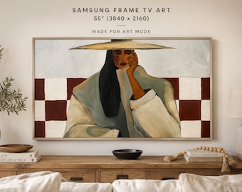 May include: A digital art display for a 55-inch Samsung Frame TV featuring a painting of a person with long dark hair wearing a wide-brimmed hat and a light-colored coat. The background consists of a red and white checkered pattern.