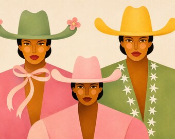 Könnte beinhalten: Eine Illustration von drei Personen mit Cowboystüten. Eine trägt einen grünen Hut mit rosa Blumen, eine einen gelben Hut und eine einen rosa Hut. Die Personen tragen rosa und grüne Jacken, wobei eine Jacke mit weißen Sternen verziert ist.