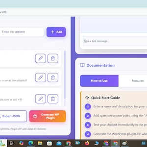 May include: Screenshot of a custom chatbot creator interface. The interface includes fields to add questions and answers, with examples like "hello" and "price." There are buttons for preview, export, and plugin generation. A quick start guide is also visible.