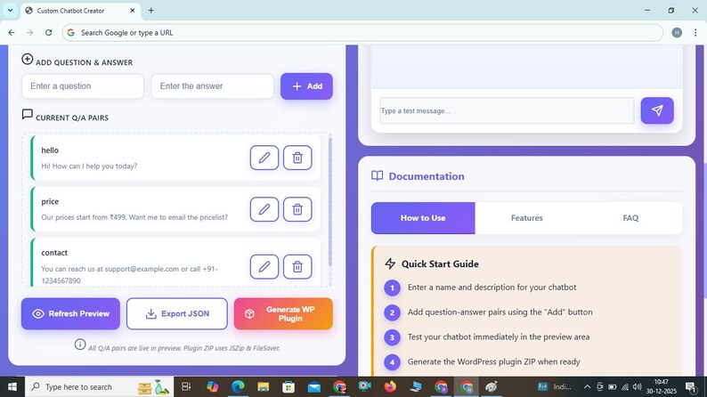 May include: Screenshot of a custom chatbot creator interface. The interface includes fields to add questions and answers, with examples like "hello" and "price." There are buttons for preview, export, and plugin generation. A quick start guide is also visible.