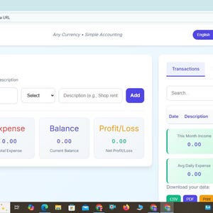 Può includere: Schermata dell'interfaccia del software di contabilità "Account Master". L'interfaccia è bianca e blu, con sezioni per l'inserimento rapido, le transazioni, i rapporti e l'esportazione. Visualizza entrate, spese, saldo e profitti/perdite.