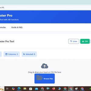 May include: Screenshot of a webpage for Excel Master Pro, an advanced Excel tool. The page features a blue and white colour scheme with options for Excel Tool, All Formulas, and Guide & FAQ. Buttons include Undo, CSV, and XLSX. The page prompts users to drag and drop Excel or CSV files.