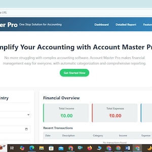 Peut inclure: Capture d'écran de l'interface du site web Account Master Pro. L'interface est principalement bleue et blanche, avec des sections pour l'aperçu financier, la saisie rapide des transactions et les transactions récentes. Le titre est "Simplifiez votre comptabilité".