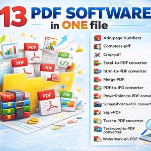 May include: An image advertising PDF software, showing a yellow folder filled with PDF documents, CDs, and coins. The text reads "13 PDF SOFTWARE in ONE file" with a list of features and a laptop displaying a PDF.