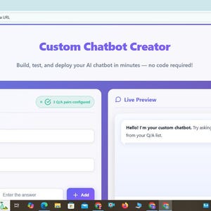 May include: Screenshot of a website interface for a custom chatbot creator. The page is white and purple, with sections for configuration and a live preview. Text includes "Custom Chatbot Creator" and instructions to build, test, and deploy AI chatbots.