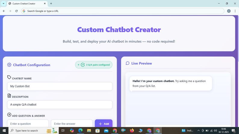 May include: Screenshot of a website interface for a custom chatbot creator. The page is white and purple, with sections for configuration and a live preview. Text includes "Custom Chatbot Creator" and instructions to build, test, and deploy AI chatbots.