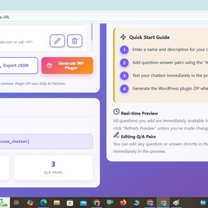 May include: Screenshot of a web page for a custom chatbot creator. The interface includes options to refresh the preview, export JSON, and generate a WordPress plugin. The page also displays plugin information and a generated shortcode.