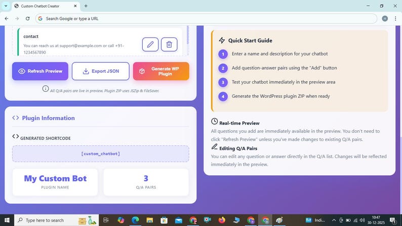 May include: Screenshot of a web page for a custom chatbot creator. The interface includes options to refresh the preview, export JSON, and generate a WordPress plugin. The page also displays plugin information and a generated shortcode.